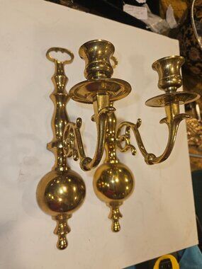 Vintage Solid Brass Ball & Scroll Wall Sconces – Set of 2 Colonial Style
